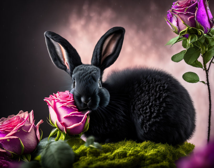 Black Rabbit Surrounded by Pink Roses and Moss on Bokeh Background