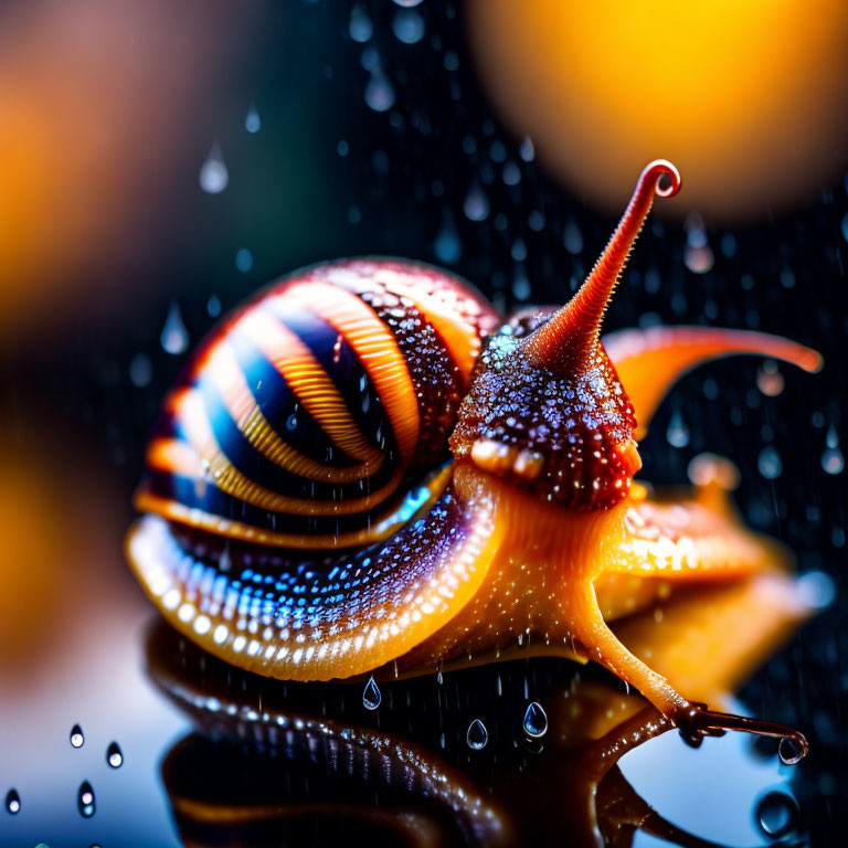 Colorful Striped Shell Snail on Reflective Surface with Water Droplets and Bokeh Lights