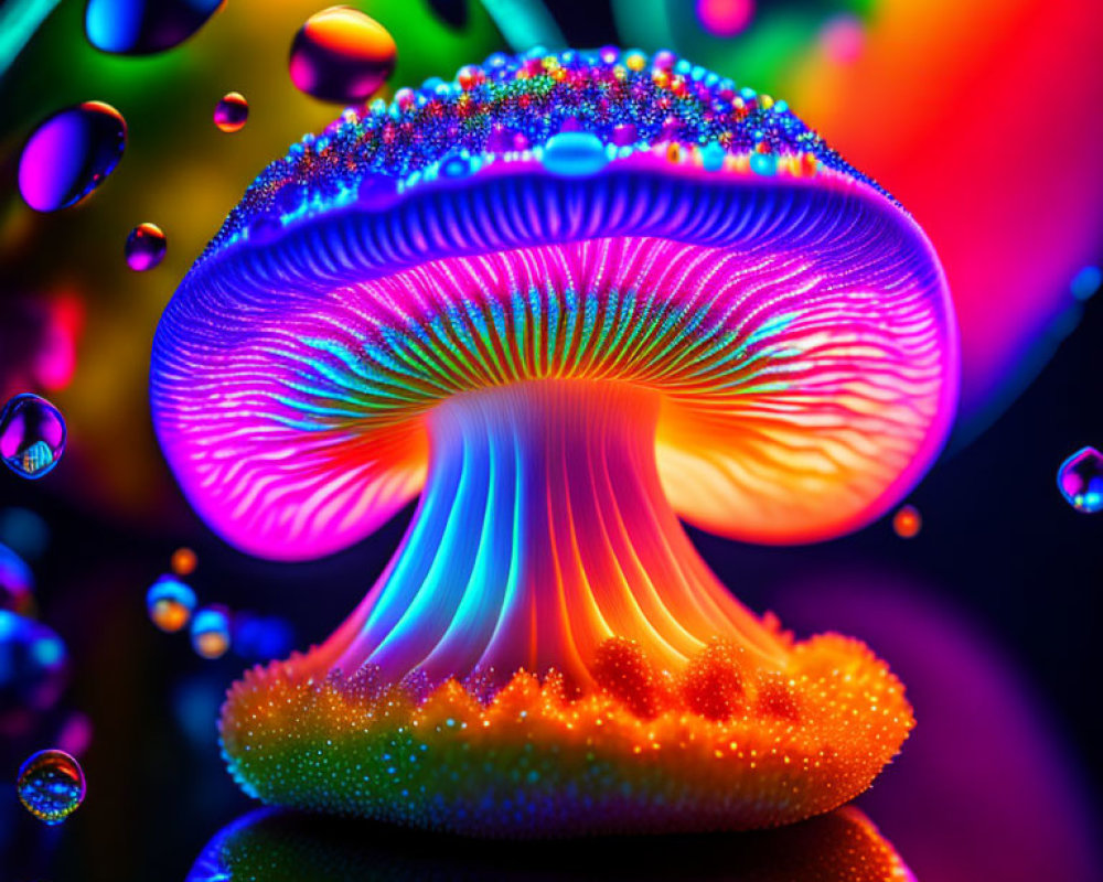 Colorful Digital Artwork: Neon Mushroom with Floating Bubbles