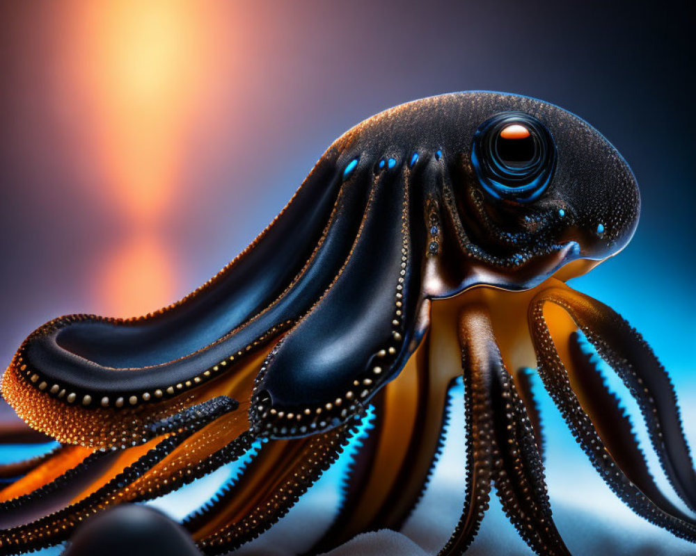 Stylized digital artwork: Glowing squid on blue and orange background