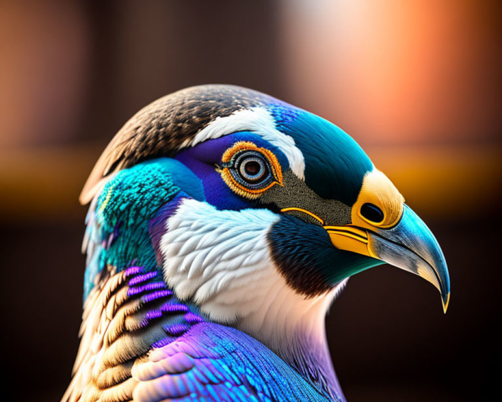 Colorful close-up of pigeon with intricate feather patterns in blue, green, and purple.