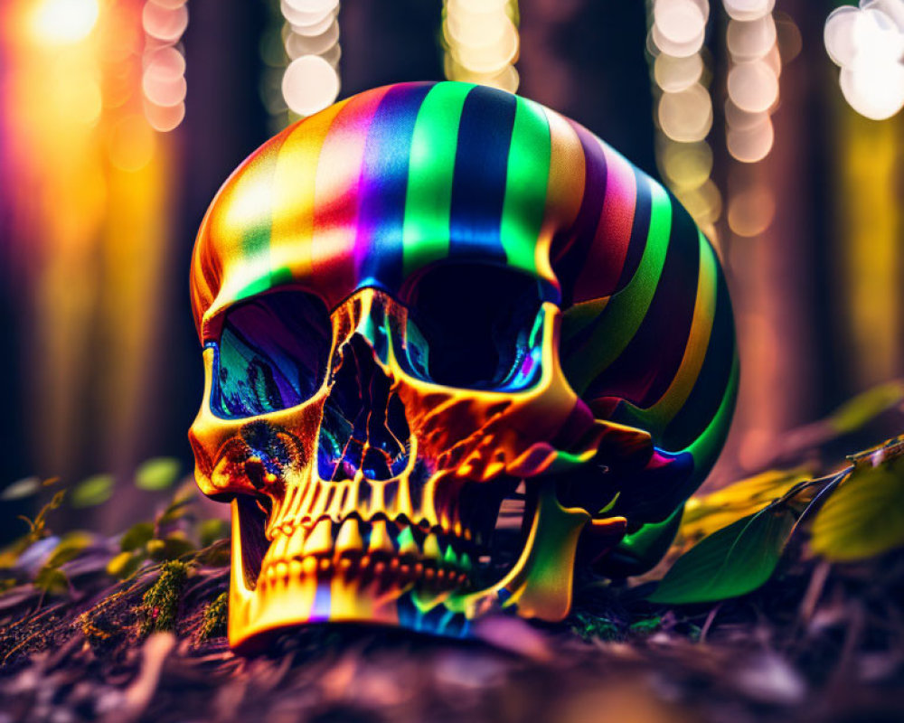 Colorful Rainbow Skull on Forest Floor with Sunlight Bokeh