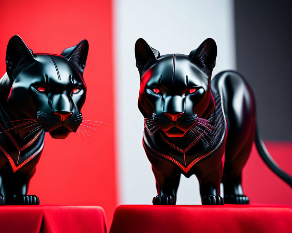 Stylized black panther figurines with red details on red surface