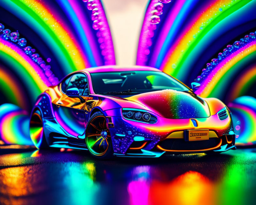 Colorful Neon-Lit Sports Car with Iridescent Paint Job and Rainbow Arches