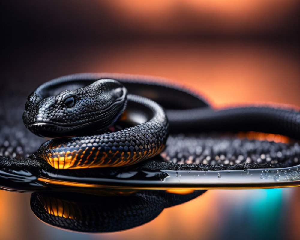 Black Snake with Orange Underside Coiling on Reflective Surface