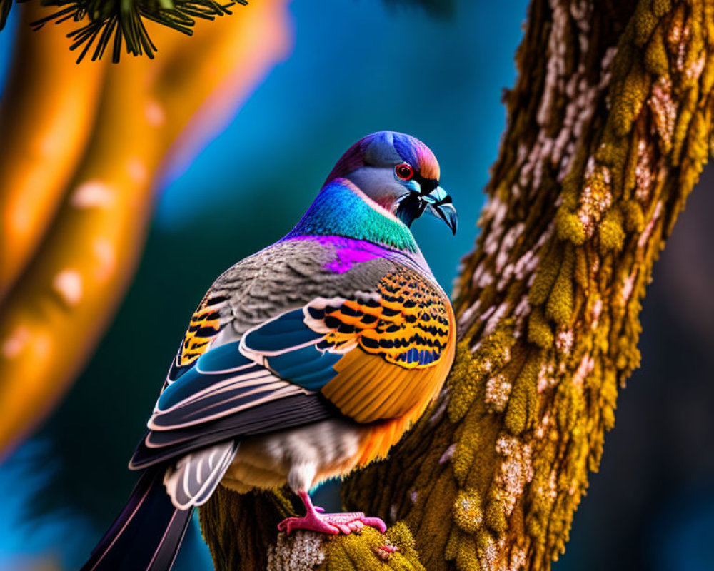 Colorful bird with blue head, purple throat, and orange-speckled wings on branch