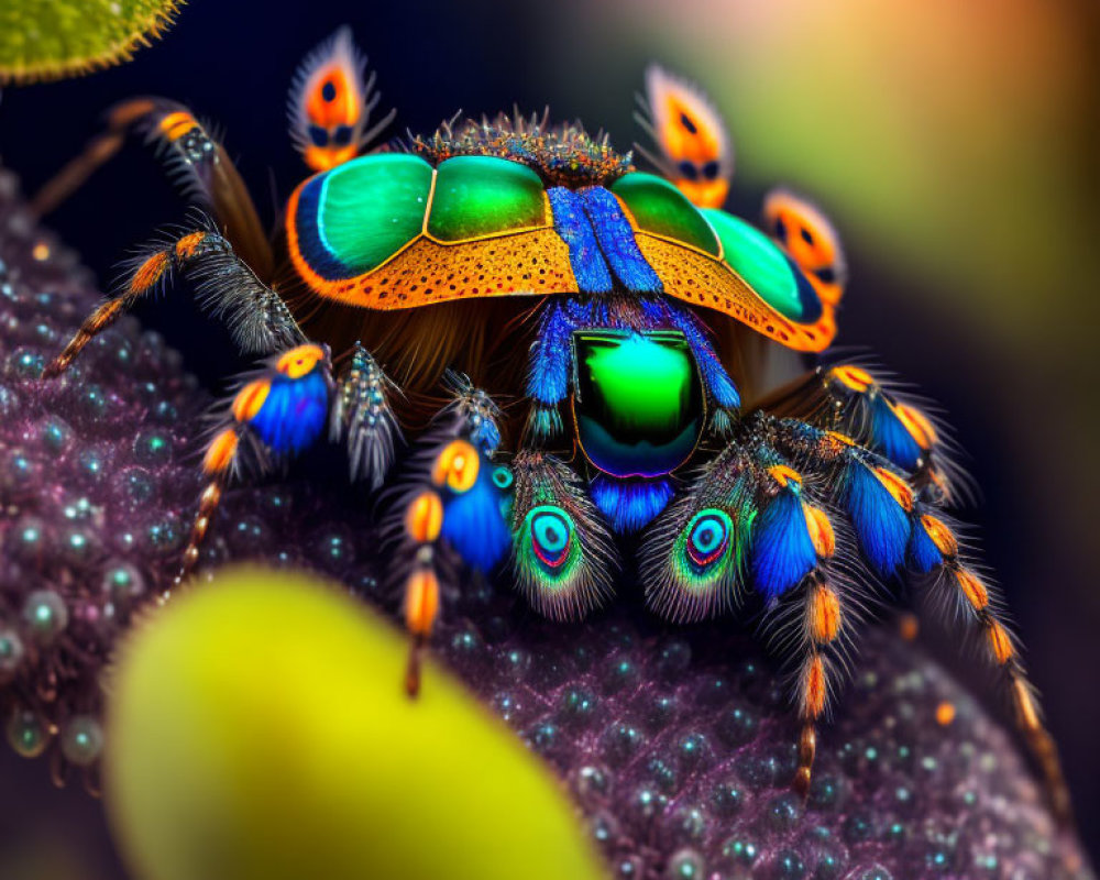 Colorful Peacock Spider with Spread Legs on Plant Surface