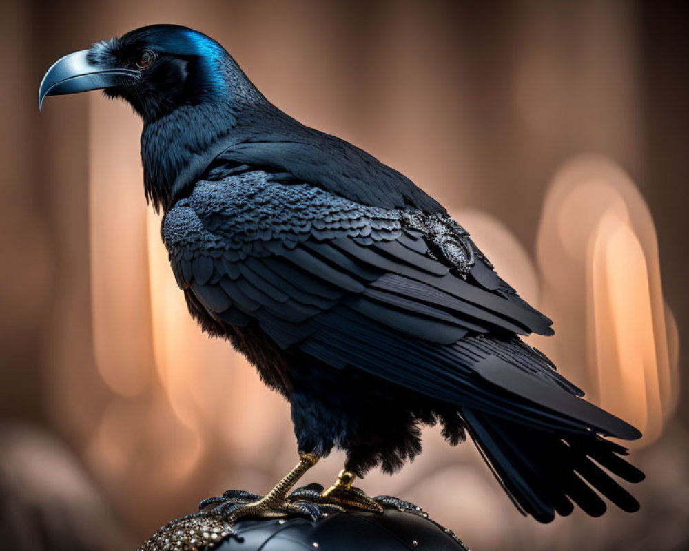 Majestic raven on ornate object against blurred background
