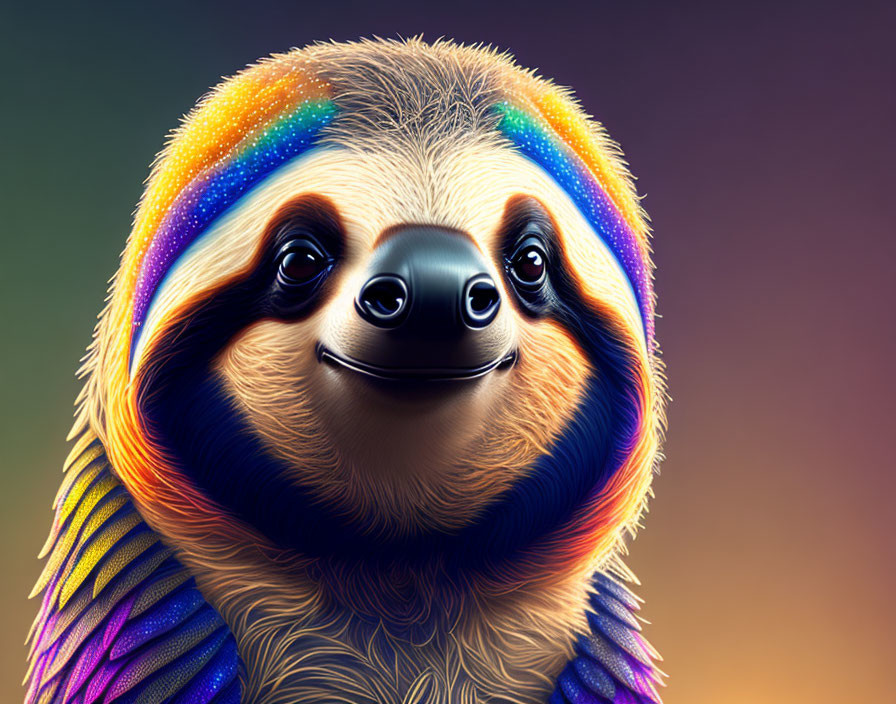 Colorful Sloth Illustration with Rainbow Fur and Textured Details