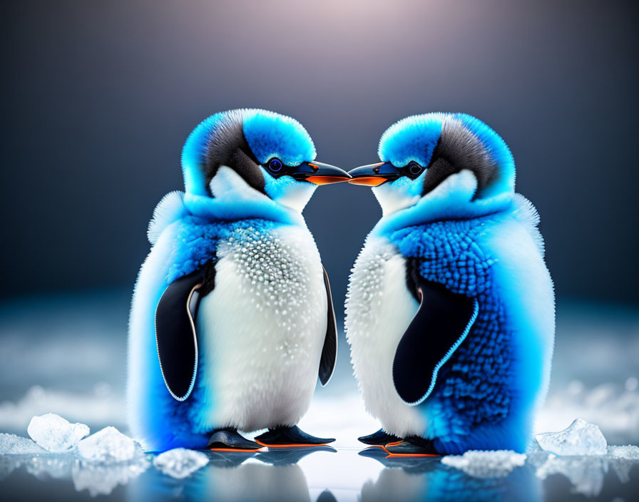 Vibrant blue penguins with orange beaks on icy background