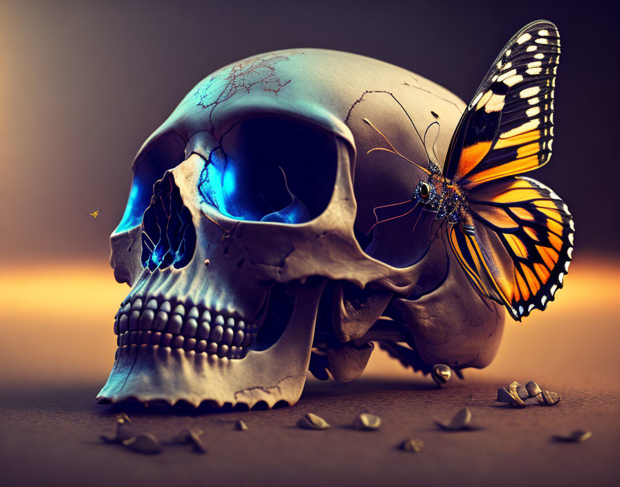 Vibrant orange and black monarch butterfly on human skull with blue neon crack