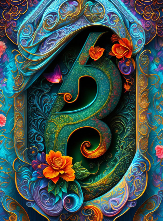 Colorful Floral Number Three Artwork on Dark Background