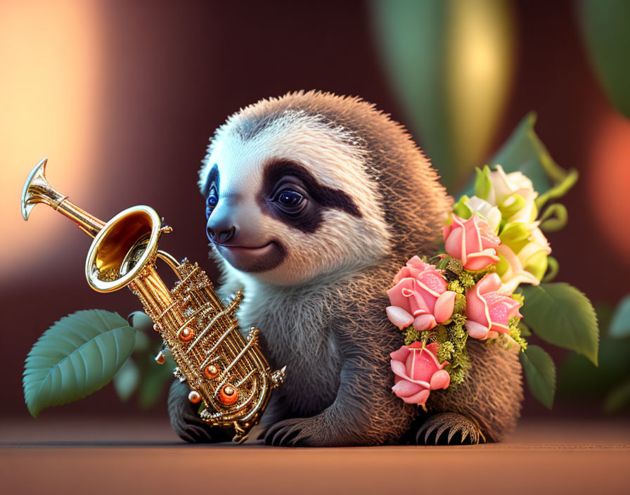 Baby sloth with saxophone and flowers in a gentle smile