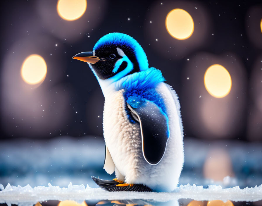 Colorful Penguin on Ice with Bokeh Background