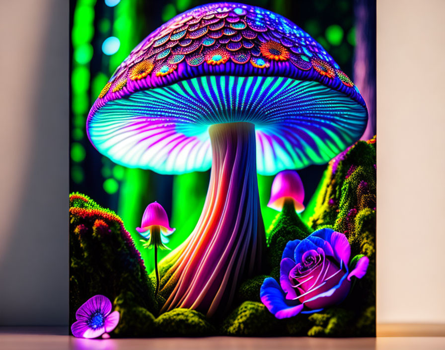 Colorful Neon Mushroom Surrounded by Flowers and Moss