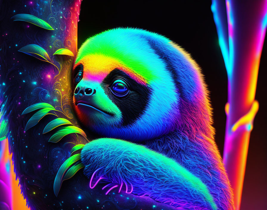 Colorful Neon Sloth Artwork Hugging Tree