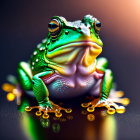 Vibrant frog in droplets on reflective surface with gradient background