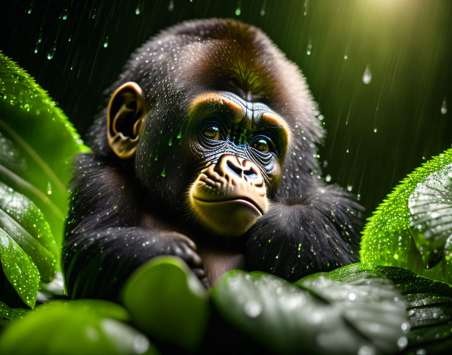 Young gorilla in rain surrounded by lush green leaves