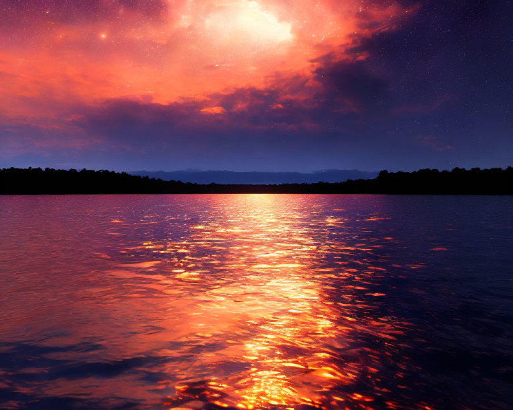 Starry night sky with red nebula over reflective water