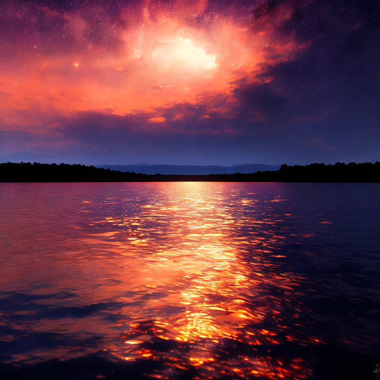 Starry night sky with red nebula over reflective water