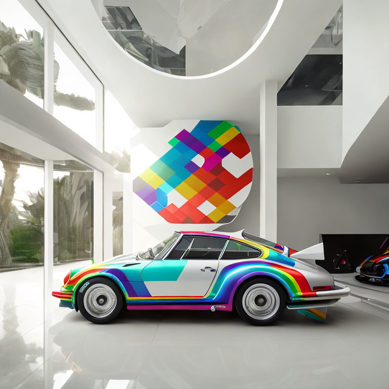 Colorful Porsche 911 with multi-colored stripe design in modern white house