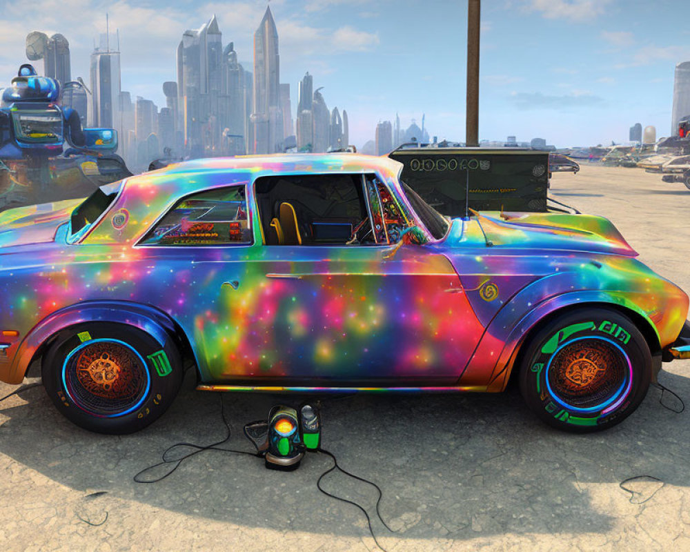 Colorful Car with Cosmic Paint Job and Futuristic Cityscape Background