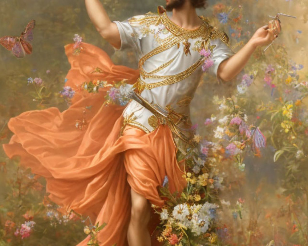 Classical painting of person in orange and white garments with butterflies and flowers