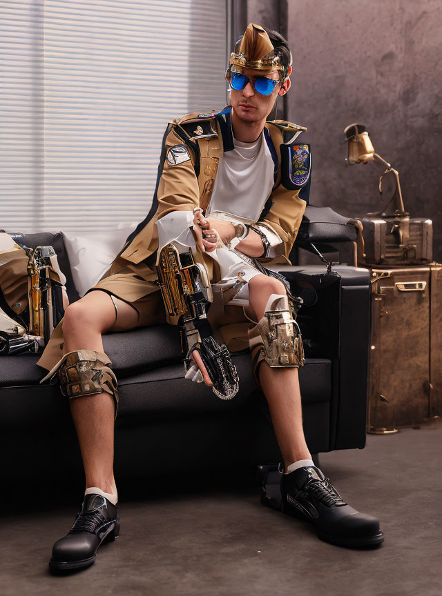 Futuristic military-inspired outfit with gold accents and sci-fi blaster on couch