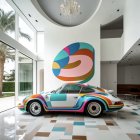 Colorful Porsche 911 with multi-colored stripe design in modern white house