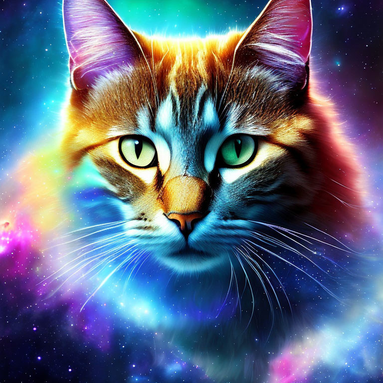 Colorful digital artwork of a cosmic cat face with star patterns in fur and space background
