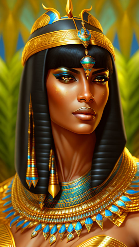 Illustration of Woman in Egyptian Headdress with Gold and Blue Accents