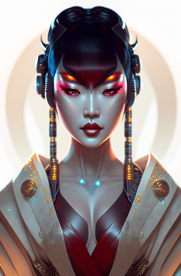 Futuristic geisha digital artwork with cybernetic enhancements