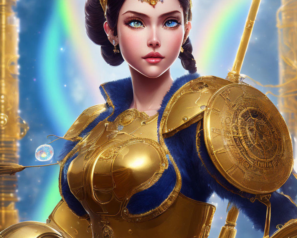 Female warrior in golden armor with spear in digital art
