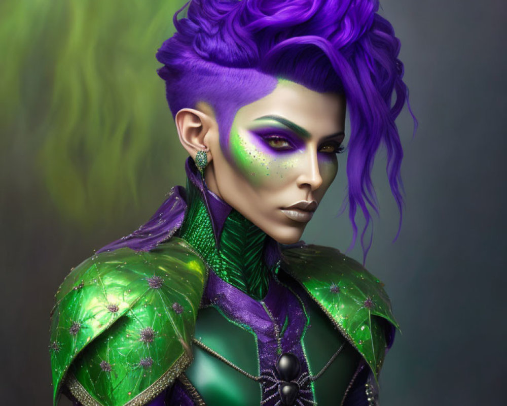 Digital artwork: Person with purple hair, green skin, green eye makeup, and ornate armor.