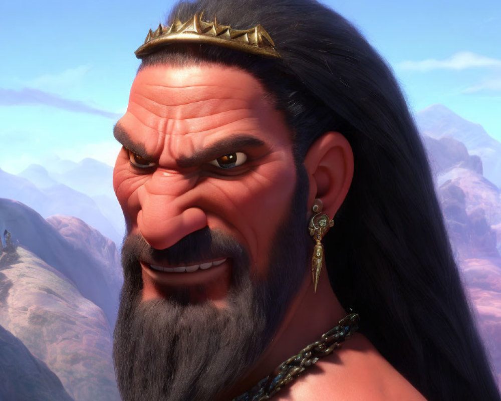 Smiling animated character with thick beard and gold crown portrait