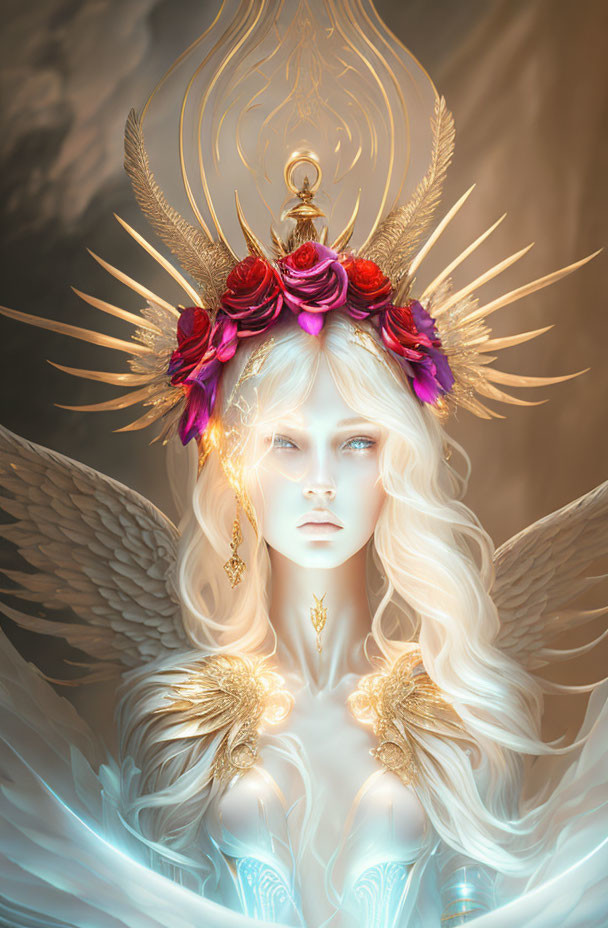 Golden-winged fantasy figure with crown of roses and feathers, glowing skin.