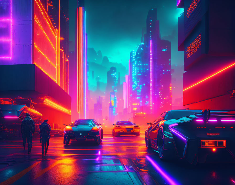 Futuristic neon-lit cityscape with hovering cars and people at night
