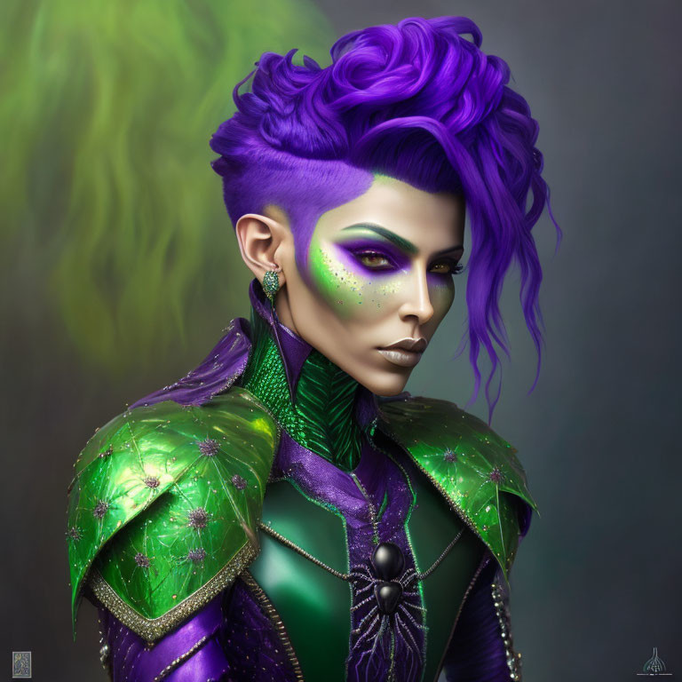 Digital artwork: Person with purple hair, green skin, green eye makeup, and ornate armor.