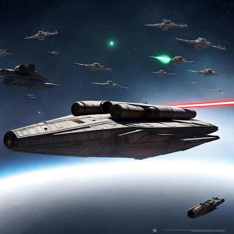 Spaceships fleet firing red laser beam above planet under starry sky