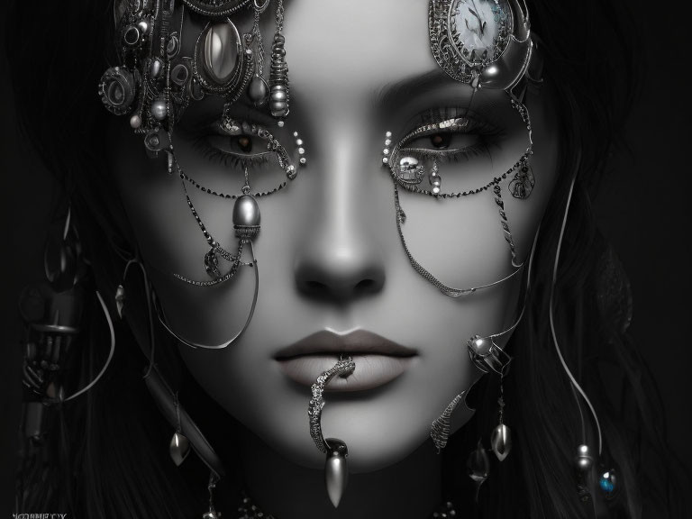 Monochromatic portrait of a woman with elaborate jewelry covering half of her face