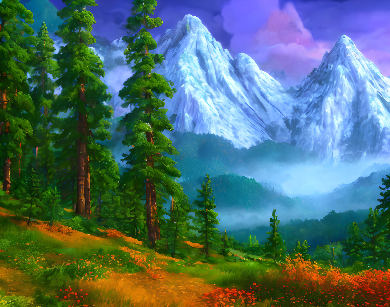 Snowy mountains, pine trees, red flowers: Vibrant landscape scenery.