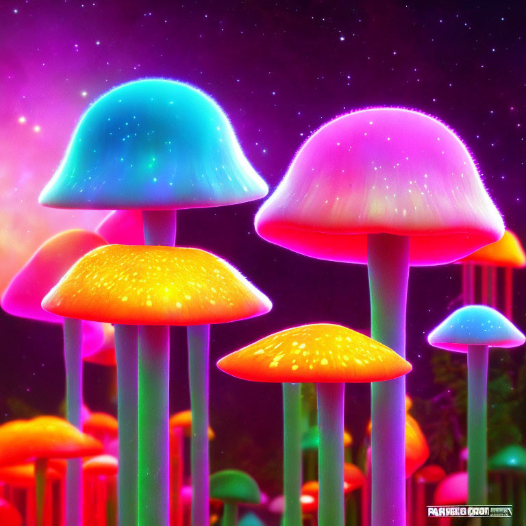 Neon-colored mushrooms on cosmic background: whimsical and vibrant