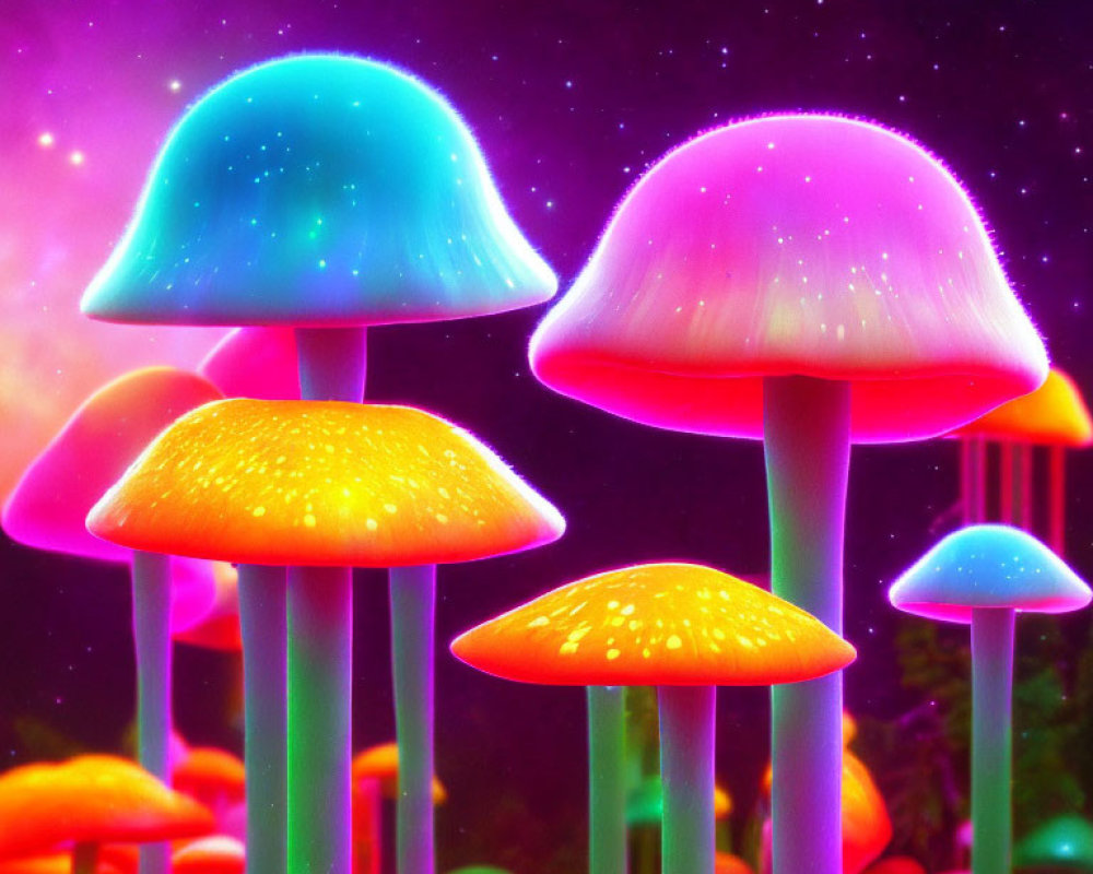 Neon-colored mushrooms on cosmic background: whimsical and vibrant