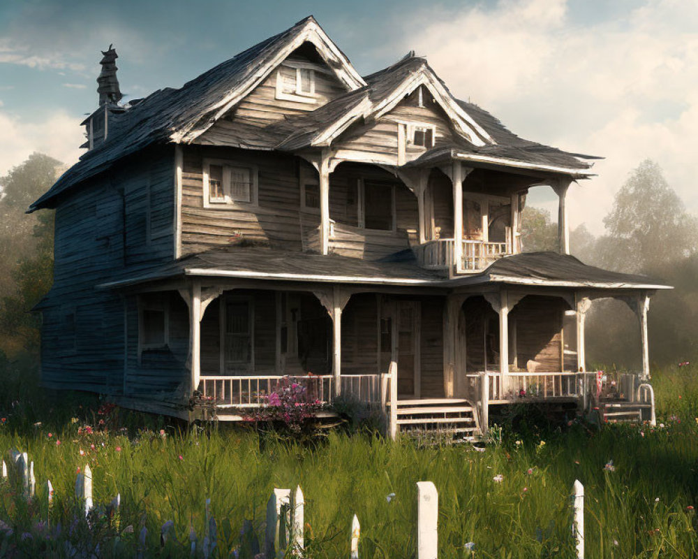 Weathered two-story wooden house in overgrown grass under hazy sky