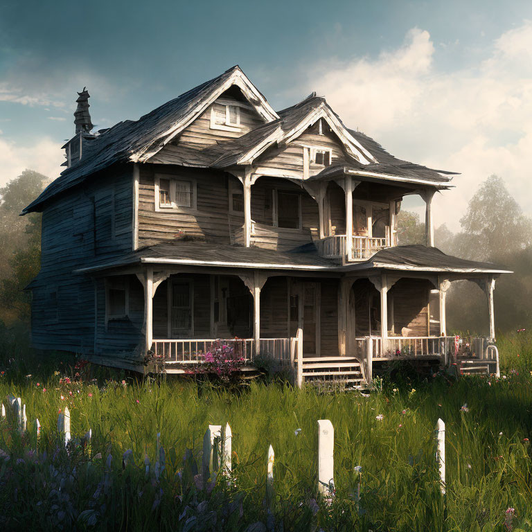 Weathered two-story wooden house in overgrown grass under hazy sky