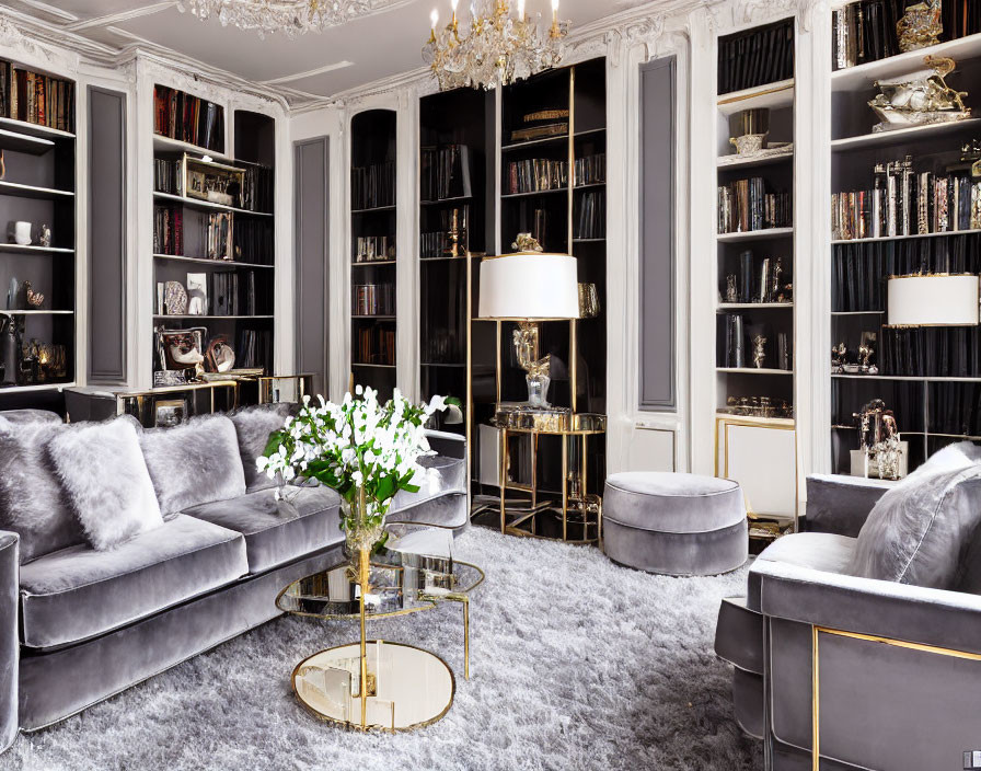 Sophisticated Living Room with Gray Velvet Sofas and Floor-to-Ceiling Bookshelves