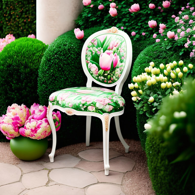 Floral Upholstery Chair in Lush Garden with Tulips