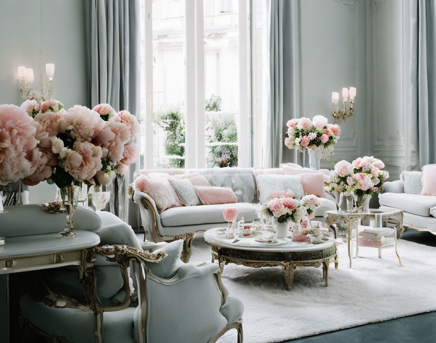 Sophisticated living room with pastel pink decor, plush sofas, ornate white and gold furniture
