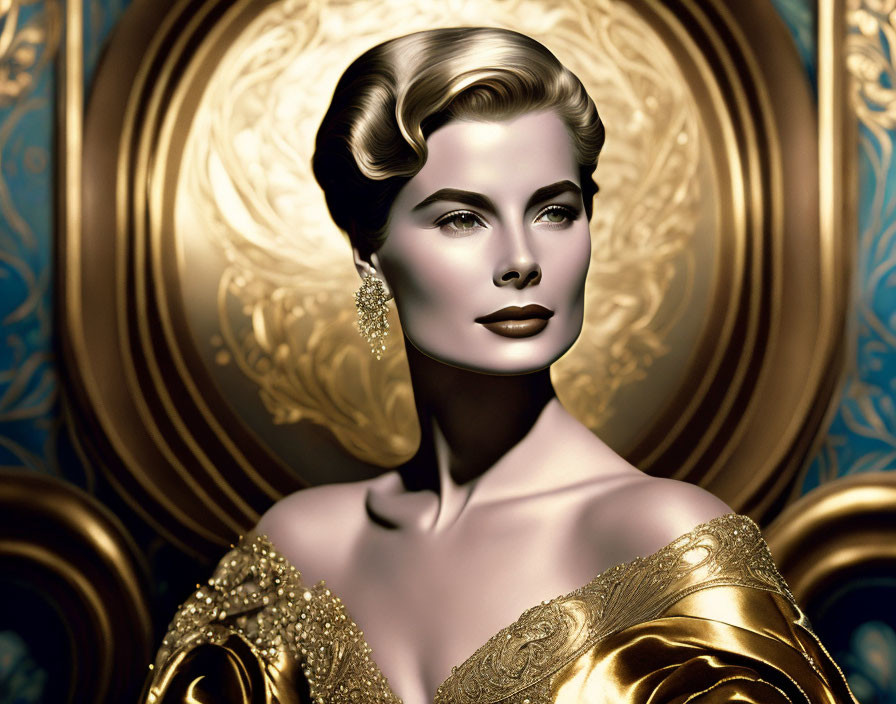 Vintage-style illustration of elegant woman in golden gown