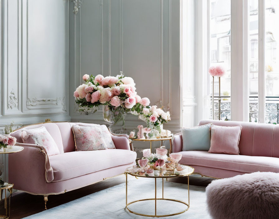 Sophisticated Pastel Pink Living Room Decor with Plush Sofas & Gold Accents